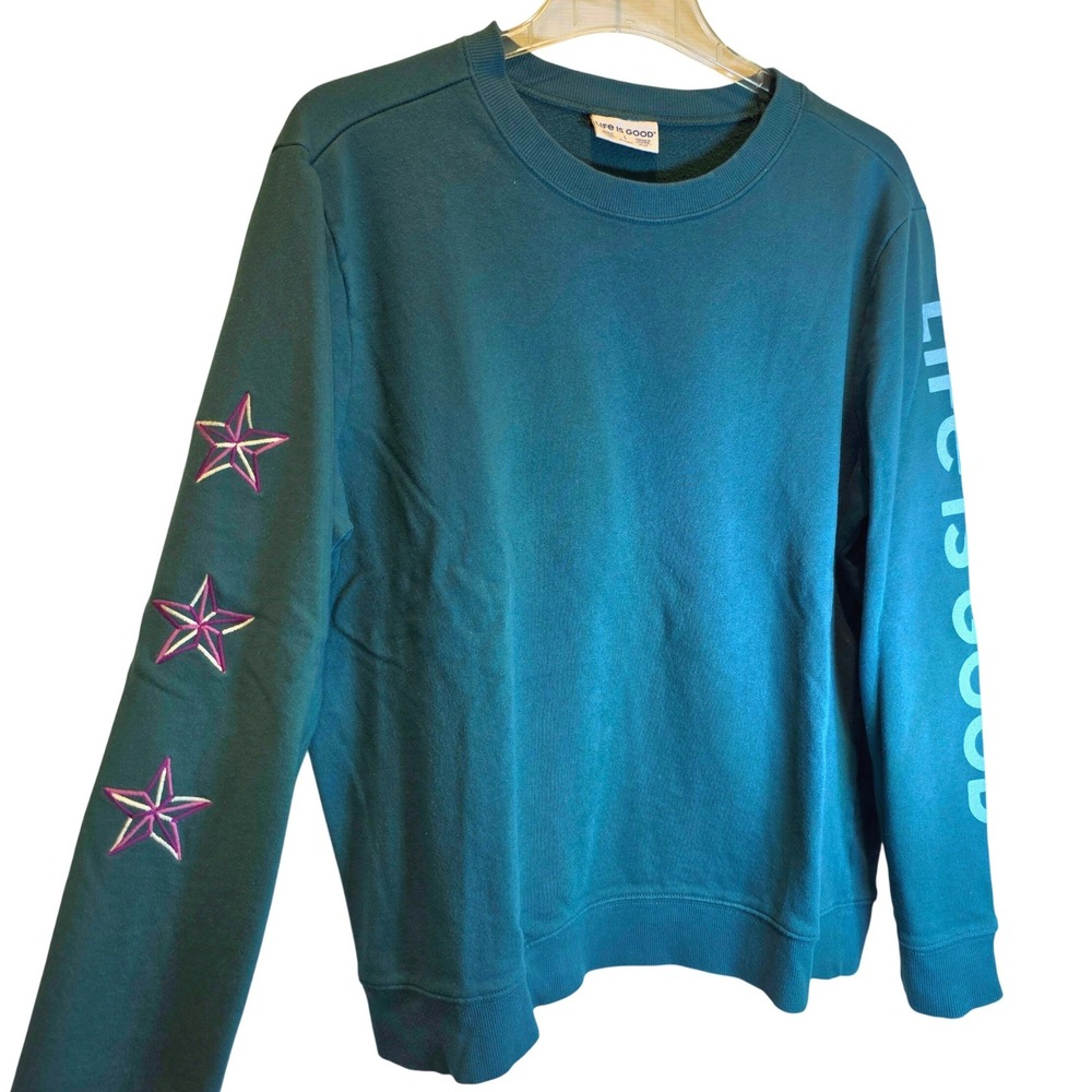Life is Good Pullover Long Sleeve Sweatshirt Embroidered Stars Womens Large Teal